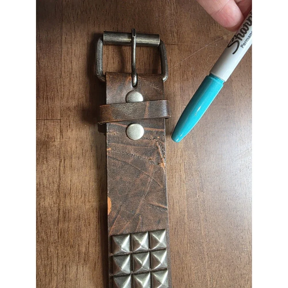 Distressed Brown Faux Leather 3-Row Silver Pyramid Studded Punk Belt